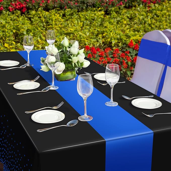 MASHAN 12Pcs Black and Blue Tablecloth Party Decorations, Plastic Black Table - Image 6