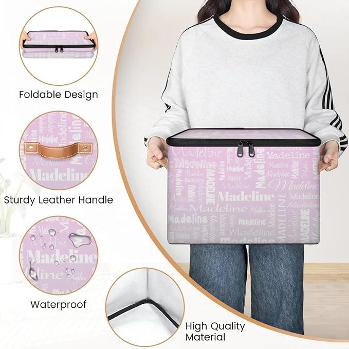 Custom Storage Basket with Name, Personalized Storage Bins with Zipper Lid, Foldable Fabric Storage Box Large capacity with Handle Grey Pink Gradient
