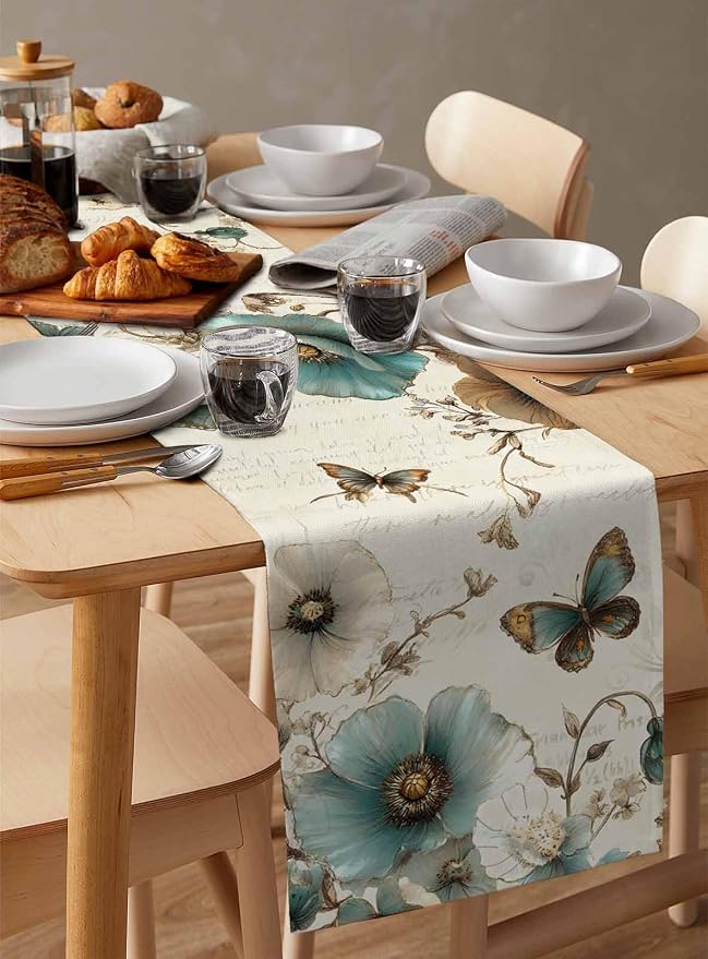 Turquoise Tulip Table Runners 108 Inches Long, Spring Vintage Botanical Table - Image 3