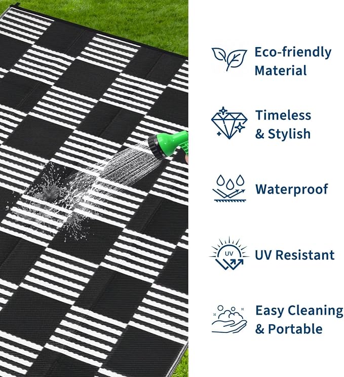 Garvee Waterproof Outdoor Rug 8x10, Checkered Foldable Plastic Straw Patio - Image 2