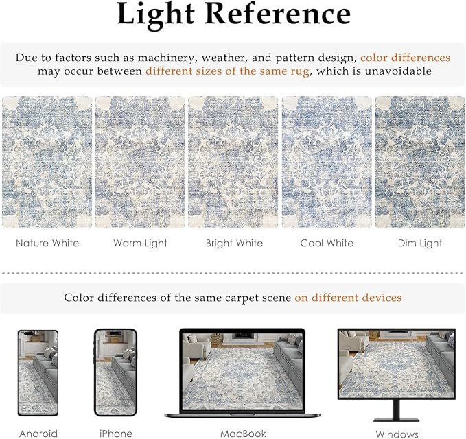 12x15 Neutral Area Rug Blue Vintage Living Room Bedroom Washable Carpet - Image 9