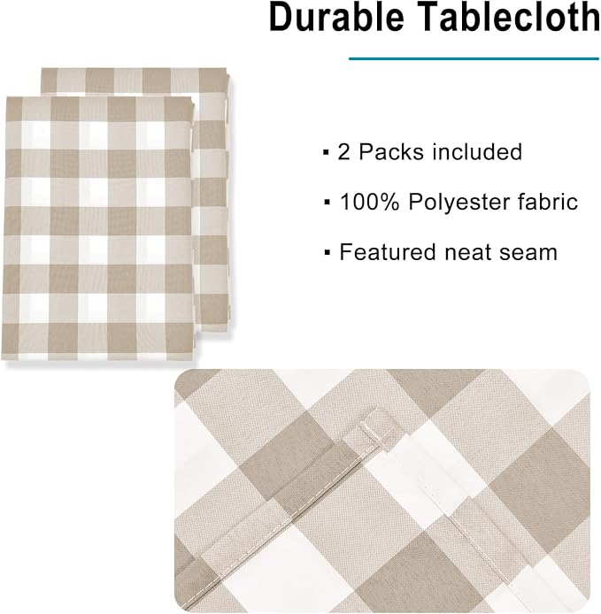 Khaki and White Checkered Tablecloth 60 x 60 inch, 2 Pack | Waterproof Buffalo - Image 3