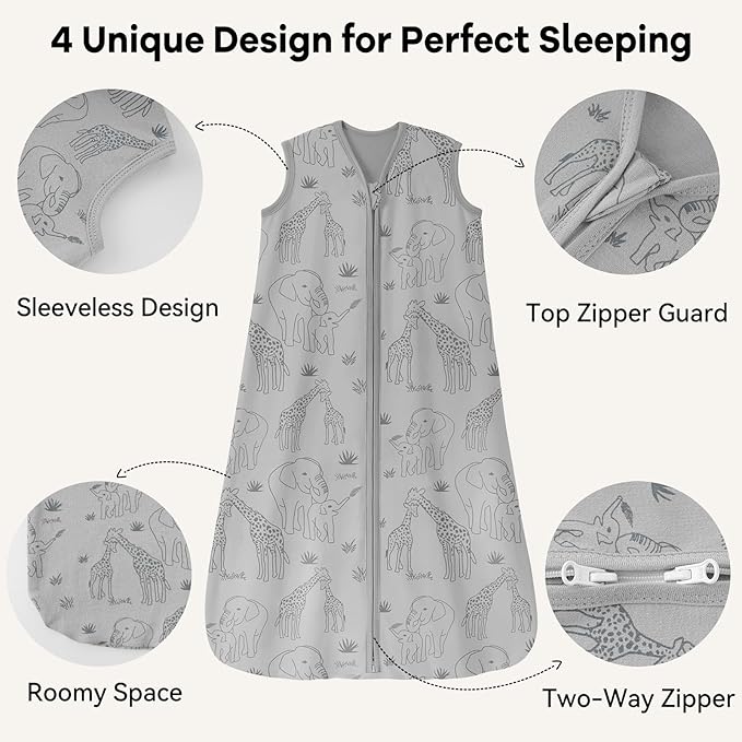 Baby Sleep Sack 6-12 Months 0.5 Tog Wearable Blanket Baby, 3 Pack 100% Cotton Lightweight Sleeping Sack with 2-Way Zipper for Newborn Infant Apricot Gray Green Elephant