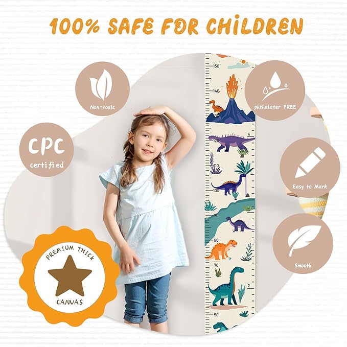Customize Name Canvas Growth Chart for Kids, Dinosaur Unisex Kids Room Wall Decor, Measuring Height Chart, Wall Tape with Height Chart for Kids, Foldable Height Tracker, Lightweight