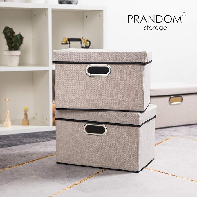 PRANDOM Foldable Storage Bin with Lid [3-Pack] Linen Fabric Decorative Storage Box Organizer Container Basket Cube with Handles Divider for Closet Office Living Room Light Grey(14.9x9.8x9.8)