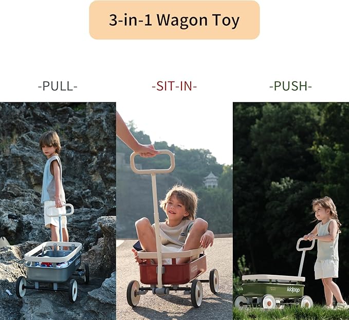 PULA-Wild 3-in-1 Kids' Pull-Along Wagon Toddlers Push Walker for 2.5-8, Removable Wooden Cover and Adjustable Handlebar, Birthday Gifts Max Weight 33 lbs (Green)