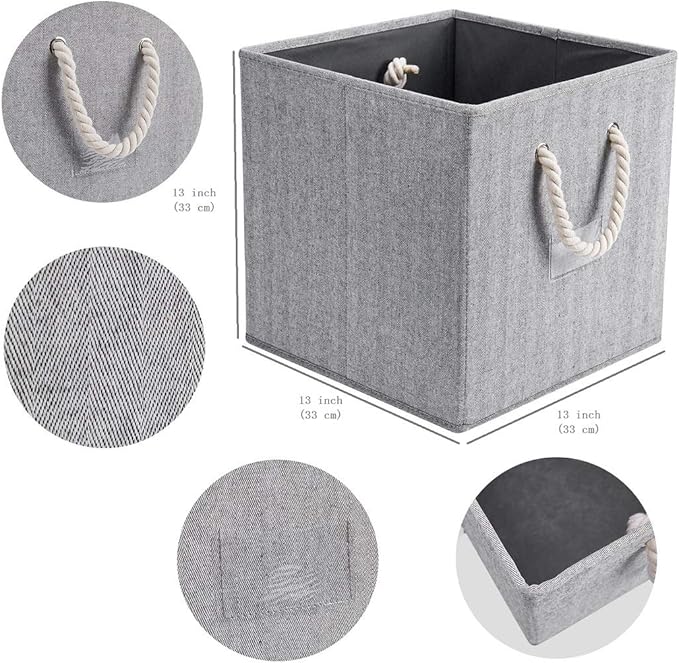 Robuy Cube Storage Bins,Grey Fabric Foldable Storage Bins,Set of 3 Stroage Boxes with Cotton Rope Handles for Organizer Home,Office, Nursery 13x13x13 inch