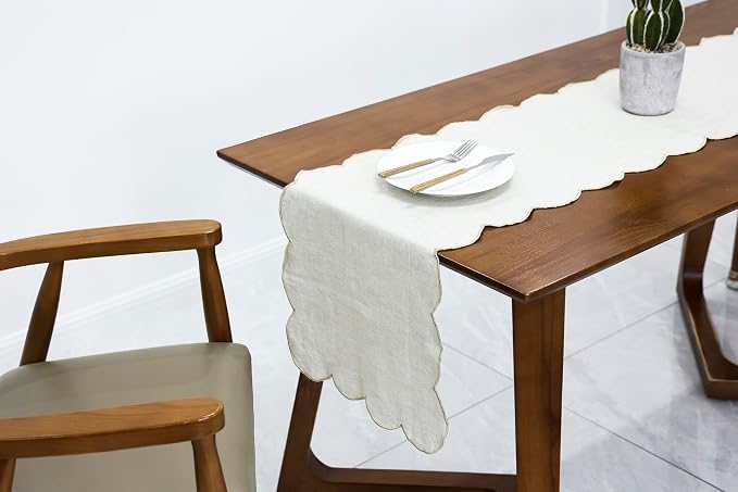 100% Natural Linen Rustic Scalloped Embroidery Table Runner 60 Inches, Linen - Image 5