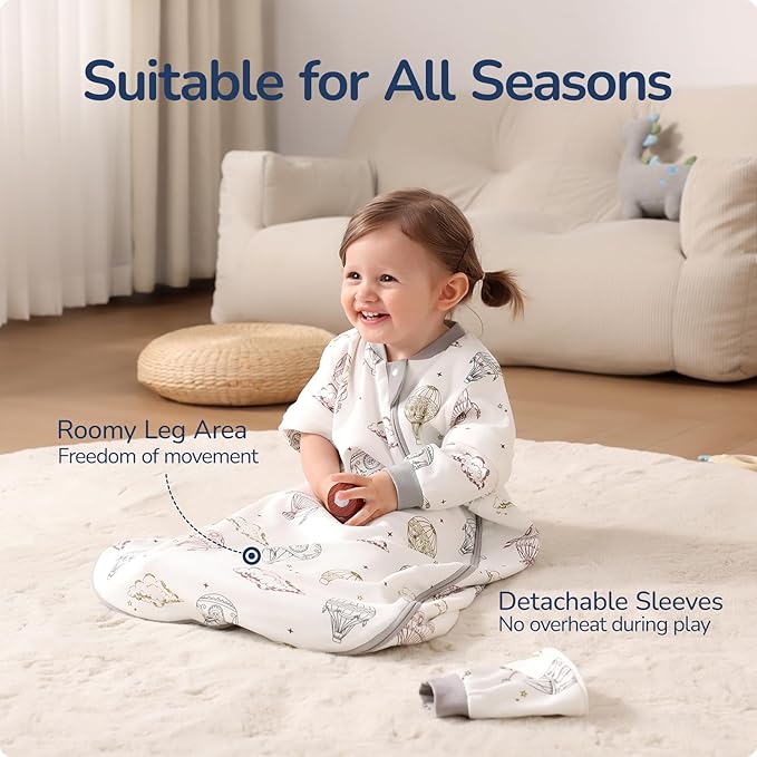 Baby Sleep Sack 12-18 Months, Cotton Detachable Long Sleeve Sleep Sack, 1.0 Tog Toddler Sleeping Sack with Temperature Strips, 2-Way Zipper Wearable Blankets for Newborns, Hot Air Balloon