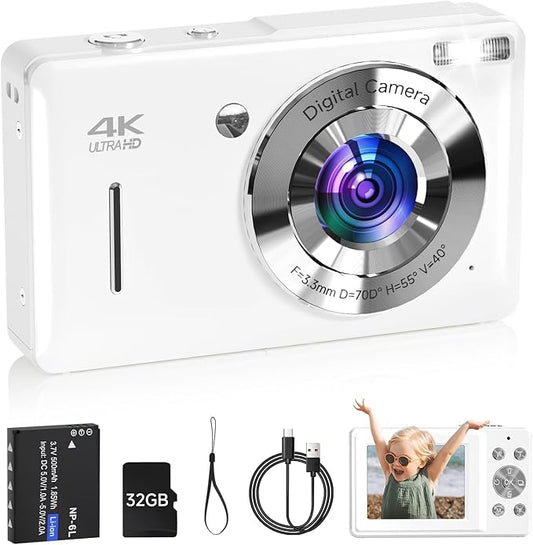Digital Camera for Kids, FHD 1080P 44MP Point and Shoot Digital Camera with Face Detect, Smile Capture, 18X Zoom, 20 Filters, Anti Shake, 32GB SD Card White Compact Vintage Camera for Kids Boys Girls