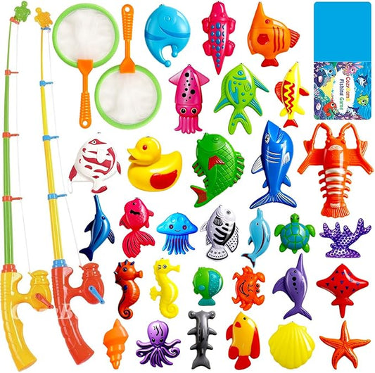 CozyBomB™ Magnetic Fishing Toys Game Set for Kids | Water Table Bathtub Kiddie Pool Party & Pole Rod Net, Plastic Floating Fish Toddler Color Ocean Sea Animals Birthday Age 3 4 5 6 Year