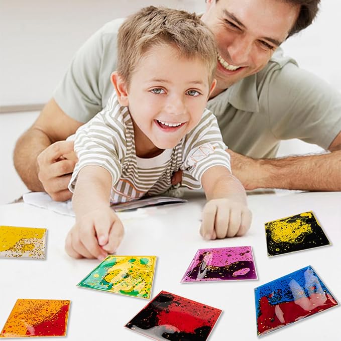 Art3d 6”x6” Square Sensory Fidget Liquid Motion Tiles for Kids, Toddler, Teens - Interactive Soft Gel Liquid Play Mats for Home, Schools, Playrooms, Multi-Pack of 6 Tiles
