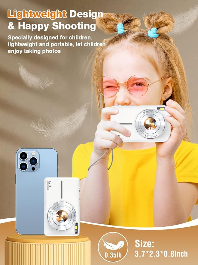 Digital Camera,FHD 1080P Kids Camera 44MP Point and Shoot Digital Cameras with 32GB Card,16X Zoom,Anti-Shake,Date Stamp,Compact Small Cameras Photography for Kids Student Teen Girl Boy(White)