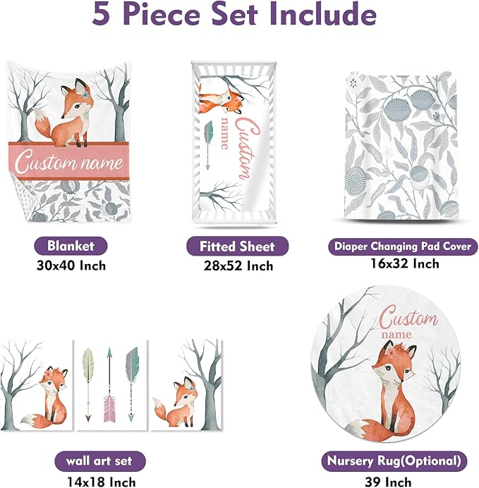 Personalized Nursery Crib Bedding Set: Custom Name 5 Piece Baby Crib Sets with Cute Fox Pattern - Toddler Double Layer Blanket Set, Comfortable Crib Bed Sheets for Baby Grils