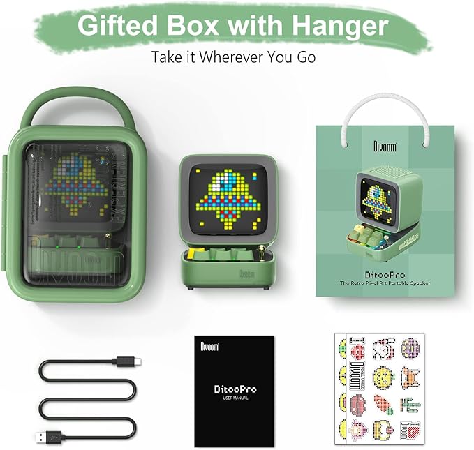 Divoom Ditoo Programmable Pixel Art LED-Bluetooth-Speaker Showing-Clock Emoji DIY Design for Home Wedding Party Decoration with Wireless App Control (Green)