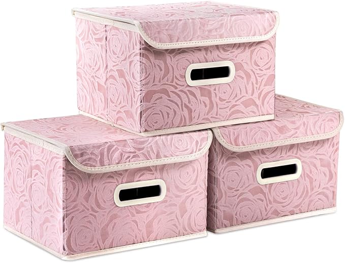 PRANDOM Collapsible Storage Boxes with Lids Fabric Decorative Storage Bins Cubes Organizer Containers Baskets with Cover Handles Divider for Bedroom Closet Living Room 9.8x7.9x6.7 Inch 3 Pack