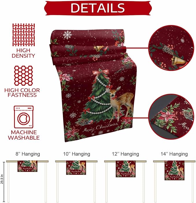Christmas Reindeer Short Table Runners 36 Inches, Cotton Linen Fabric Red Table - Image 8