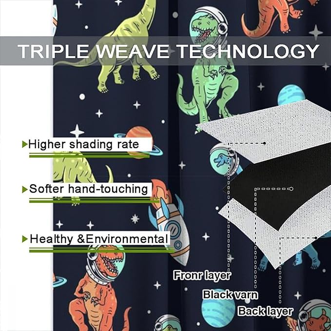 Cartoon Dinosaur Curtains for Kids Boys Girls Home Decor, Astronaut Rocket Funny Outer Space Blackout Rod Pocket Window Drapes for Bedroom Living Room W27.5xL63in 2 Panels