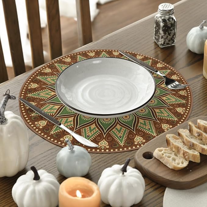 Artoid Mode Brown Yellow Mandala Round Placemats Set of 4, 14 Inch Seasonal - Image 3