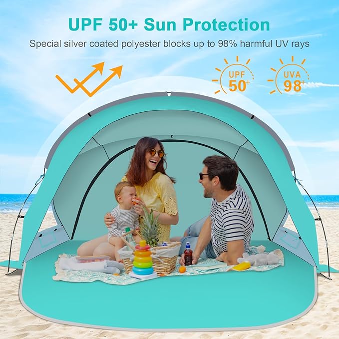 Gorich Beach Tent Sun Shelter with UPF50+ UV Protection for 3/4-5/6-7 Person, Lightweight & Portable Beach Shade Canopy with 2 Zippered Doors, Easy Setup Family Beach Umbrella