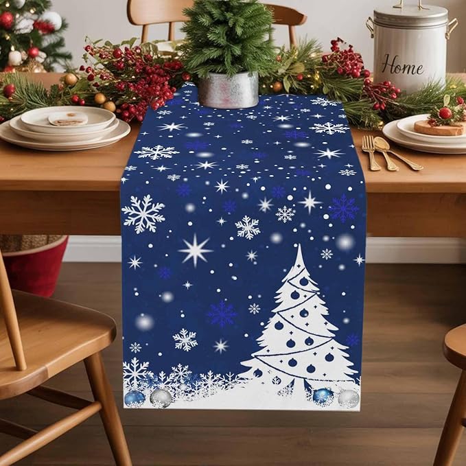 Navy Blue Christmas Tree Table Runner 70 Inches Long, Xmas Balls Snowflake - Image 2