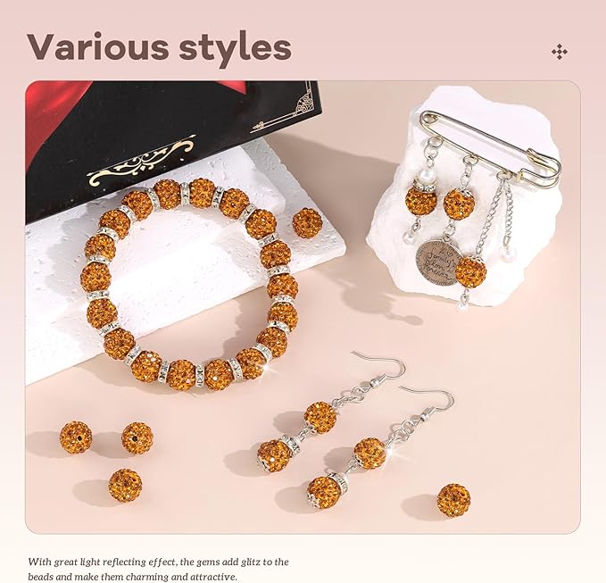 160pcs 10mm Rhinestone Beads for Jewelry Making, Golden Shiny Round Disco Ball Beads Bulk, Sparkle Crystal Clay Christmas for Bracelet Baseball Necklace Earring Crafting and DIY