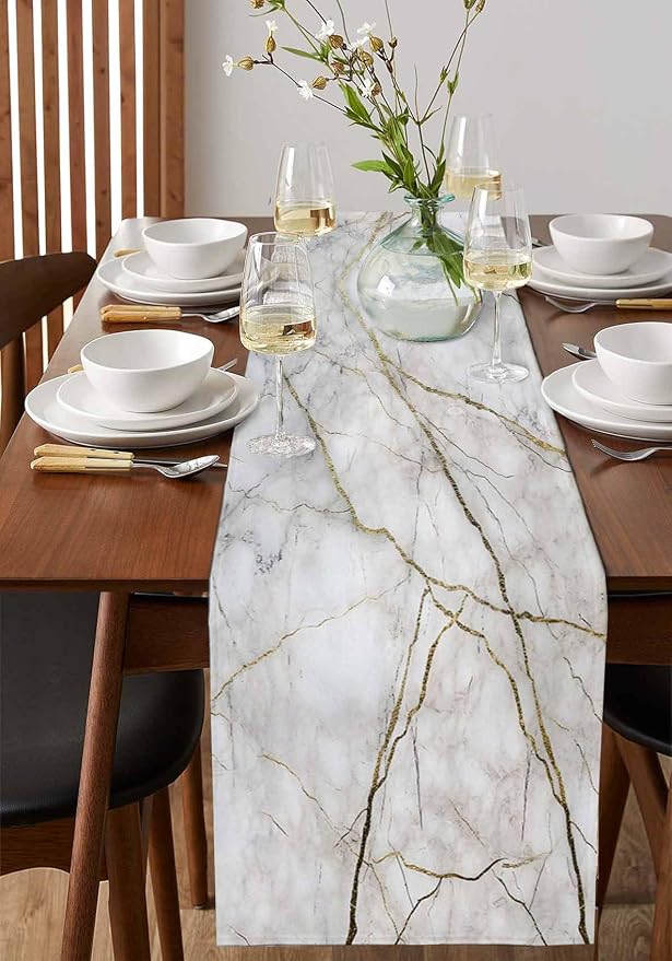 Marble Table Runner-Cotton Linen-Long 120 inche White Gray Gold Dresser Scarves - Image 4
