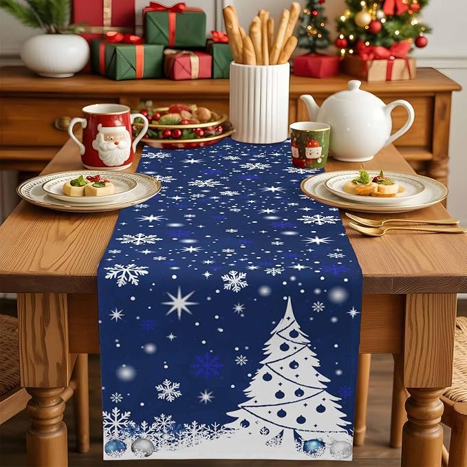 Navy Blue Christmas Tree Table Runner 108 Inches Long, Xmas Balls Snowflake - Image 5