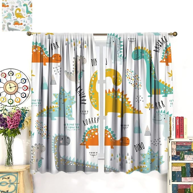 Dinosaur Curtains for Kids Boys Girls Home Decor Childish Cute Dino Animals Print Pattern Rod Pocket Blackout Window Drapes for Nursery Baby Bedroom Playroom W27.5xL63in 2 Panels