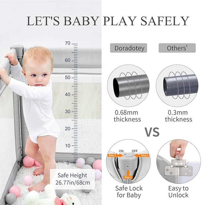 Foldable Baby Playpen, Shape & Size Adjustable Playpen for Toddler, 79x71 Large Play Pens Safety Mesh Foldable Playard for Babies, Portable Baby Fence Play Area Kids Play Pen, Grey