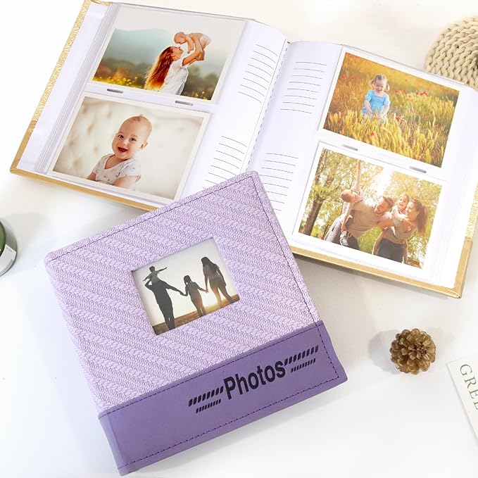 RECUTMS Leather Photo Album - 4x6, 200 Picture, Purple with Front Window and Memo Space for Wedding, Family, Travel, Baby, Graduation