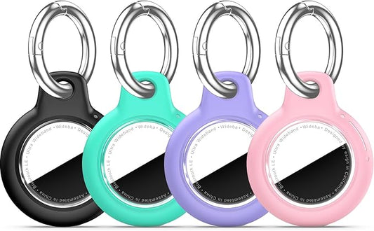 Upgrade Waterproof 4 Pack Airtags Holder with Apple Airtags Keychain, Hard PC Air Tag Case, Anti-Scratch & Shock Air tag Holder, Men's Women's Keyrings & Keychains -Black+Mint Green+Purple+Pink