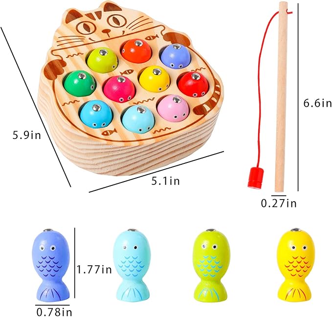Montessori Magnetic Wooden Fishing Game for Toddlers 1-3 Years Old,Fine Motor Skills Early Learning Eyes Hands Cooperation Toy for Boys & Girls Great Birthday Gift