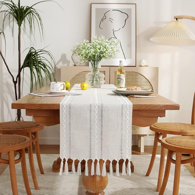 Wracra Rustic Linen Table Runner, Ivory Table Runners 90 inches Long | Raised by Wracra