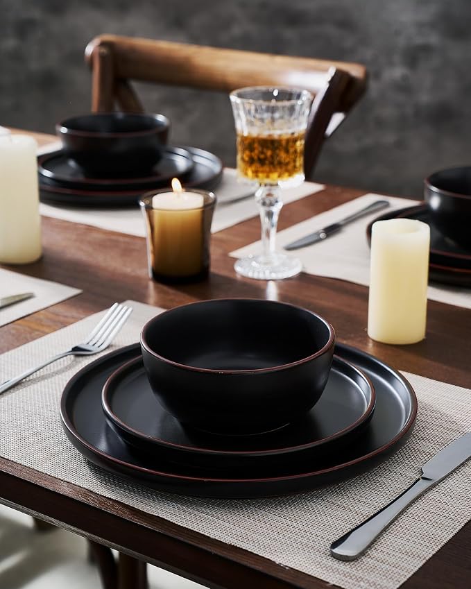 Famiware Mercury 24-Piece Stoneware Dinnerware Set, Matte Black | Plates and - Image 6