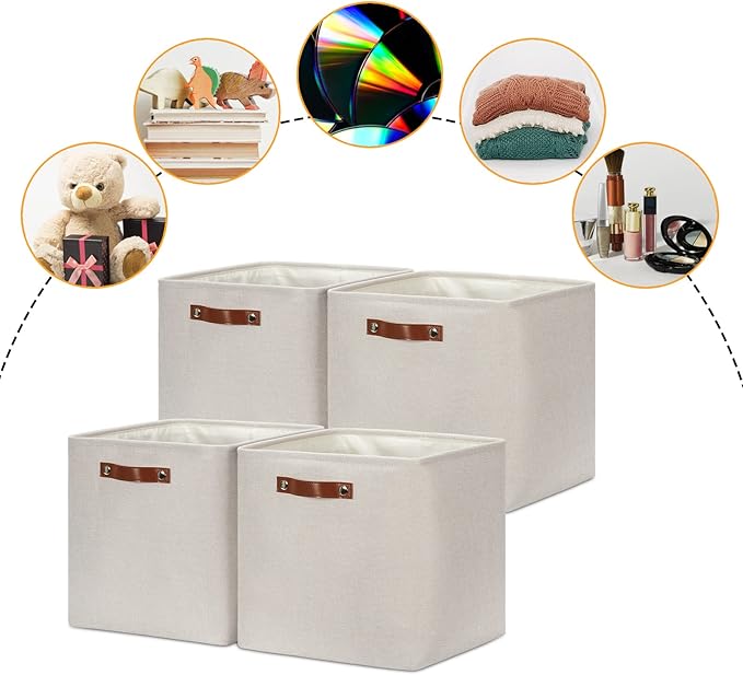 DULLEMELO Storage Bins, 4 Pack Of 13x13x13 Decorative Storage Cube Bins Suit Office, Home, Shelves And Closet, Cube Storage Bin with Leather handle(4 Pack - 13" Beige)