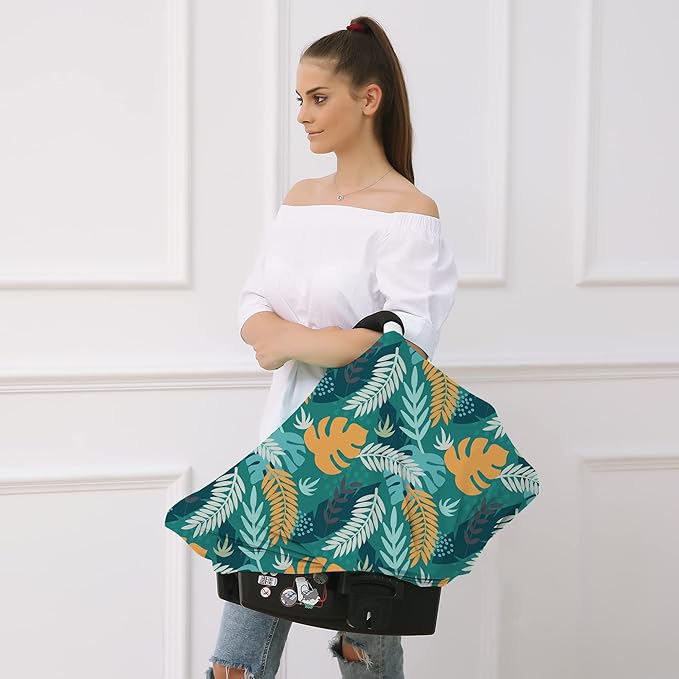 Carseat Cover Boy and Girls - Multi-use Nursing Car Seat Canopy Cover for Breastfeeding, Infant Stroller Cover, High Chair Cover (Green Leaves)