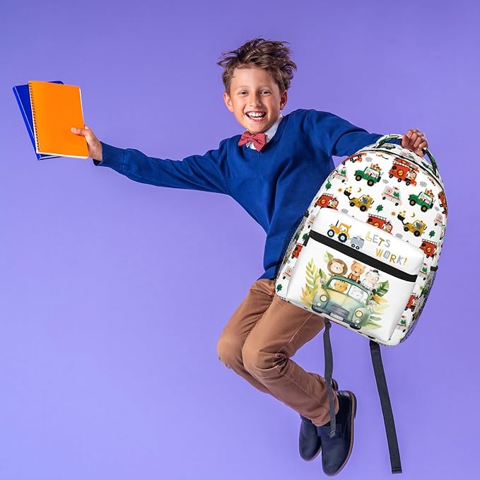 Funny Cars Kids Backpack For School Cute Animal Bear Lion Car Travel Backpack Cartoon Ambulance Digger Fire Engine Waterproof Backpack For Kids Boys Girls For School Travel Hiking