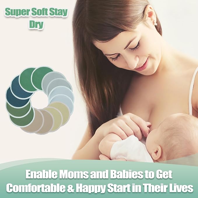 wegreeco Nursing Breast Pads (14 Pack) + Laundry Bag & Travel Storage Bag, 4.7 inch Option - Washable & Reusable Breastfeeding Nursing Pads (Bean Paste Green, Plain Shape)