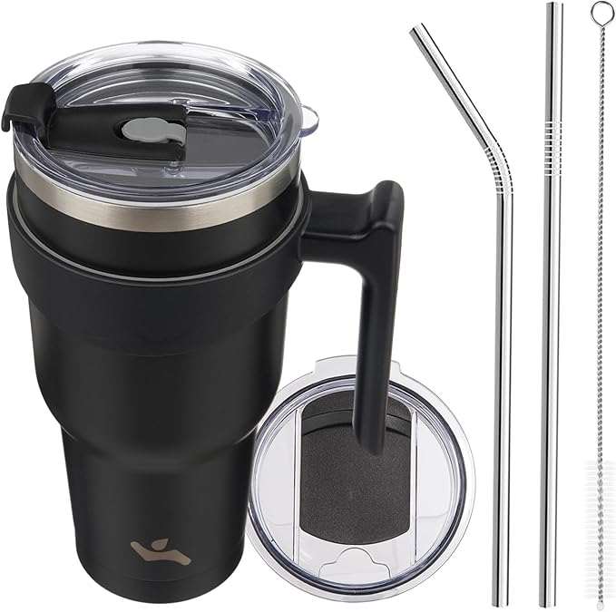 Konokyo 40 oz Tumbler with Handle and Straw, Insulated Travel Mug | Black; by Konokyo