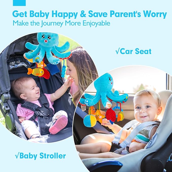 hahaland Baby Toys 0-6 Months - Car Seat Toys Octopus Toy with Pulling Cords, Squeaky, Crinkle, Rattle, Mirror, Montessori Newborn Sensory 4 Month Babies Gift Stroller Carseat Hanging Toy for Baby Gym