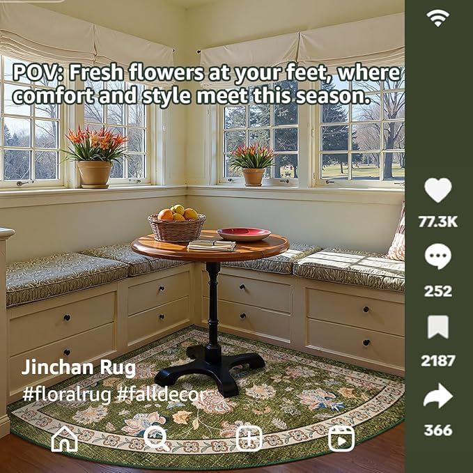 jinchan Floral Corner Rug for Living Room Washable Bedroom Rug Vintage Romance Design Non Slip Quarter Circle Lightweight Low-Pile Throw Carpet for Reading Nook Playroom,8ft Radius, Green