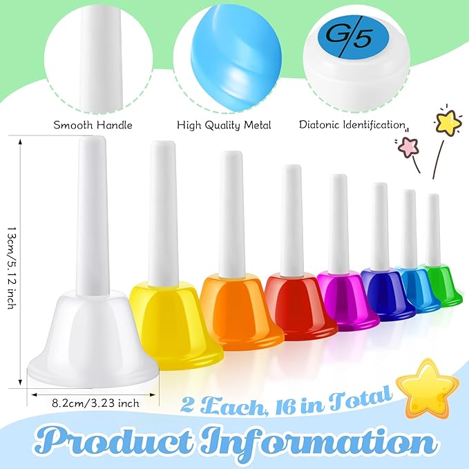 Fabbay 16 Pcs 8 Note Hand Bells Set Musical Handbells for Kids Colorful Diatonic Metal Bells Toy Percussion for Kids Toddlers Children Musical Teaching Church Chorus Wedding Family Birthday Party