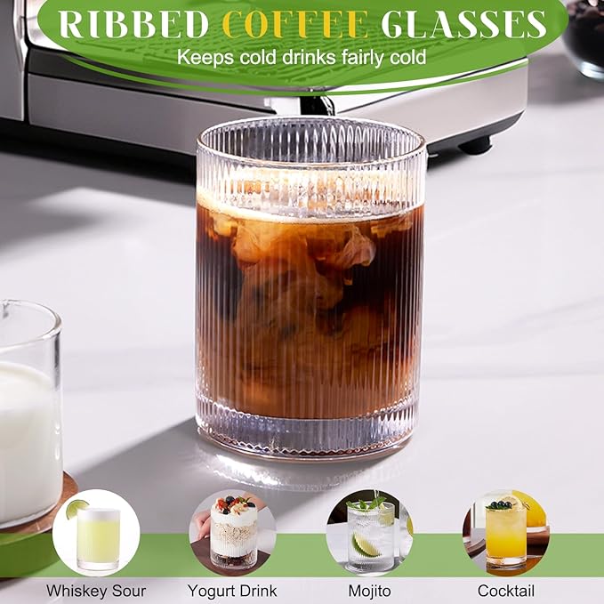 Ribbed Drinking Glasses Cups Set of 8 Large Capacity Highball 17oz&12oz | Rocks - Image 4