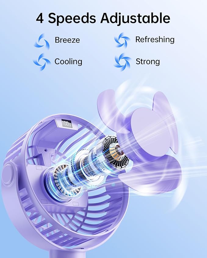 SWEETFULL Portable Stroller Fan with Display 4000mAh Battery Powered Mini Clip On Fan, 4-Speed Rechargeable Small Personal Cooling for Baby Car Seat Crib Travel - Purple
