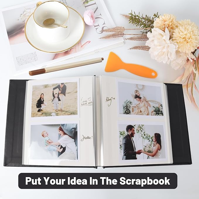 RECUTMS Photo Album Self Adhesive Magnetic Scrapbook 4x6 5x7 8x10 Pictures Scrapbook Album, 40 Pages Photo Book for DIY Baby Family Wedding with Metal Pen and Plastic Board (Black)