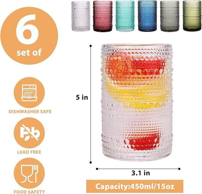 Set of 6 Hobnail Drinking Glasses, 15 oz Colored, Vintage Jupiter Glass Cups - Image 2