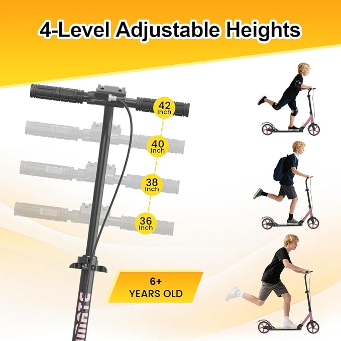 Kick Scooter for Kids Teens & Adults, 4 Adjustable Heights, 8IN All Terrain Big Wheels, Dual Brakes & Dual Suspension, Foldable and Lightweight, Gifts for Girls Boys