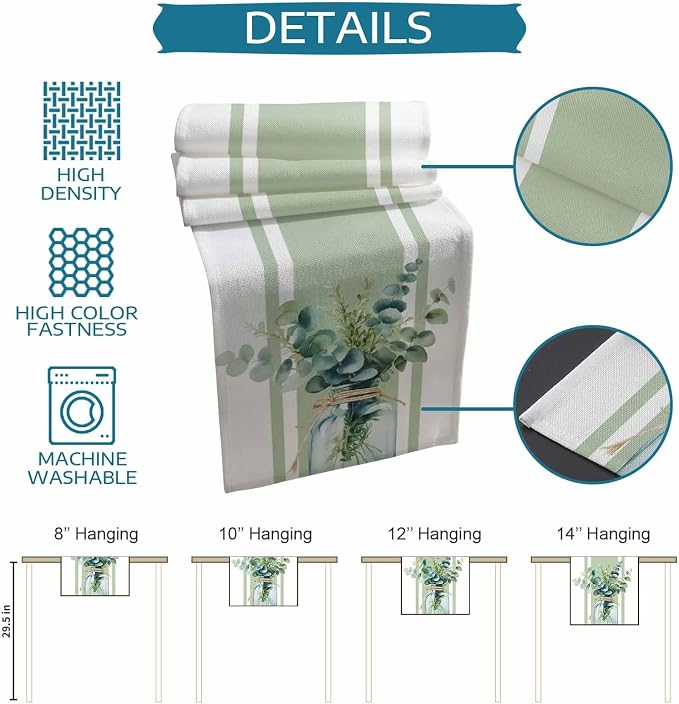 Sage Green Eucalyptus Leaves Table Runners 60 Inches Long, Farmhouse Stripe - Image 8