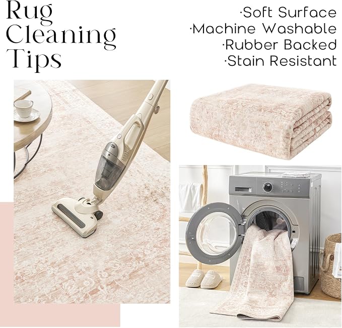 BILEEHOME Vintage Pink Rug 4x6 Washable Non Slip Floral Aesthetic Indoor Rugs - Image 4